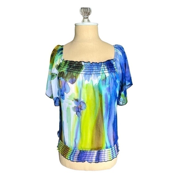 Wrapper Sheer Floral Blue & Green Watercolor Dreamy Flutter Sleeve Blouse XS - Picture 2 of 9